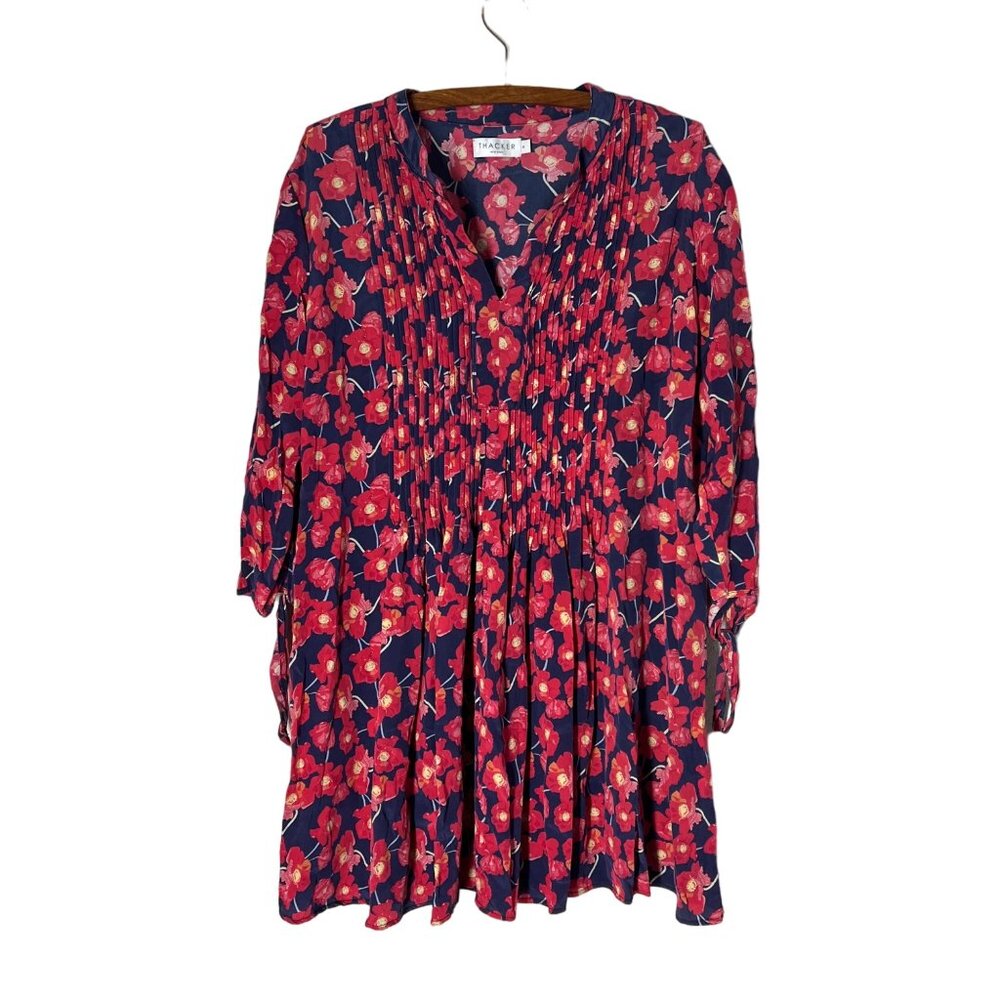 Thacker New York Navy Red Floral Silk Pintucked Tunic Dress Womens Size Medium
